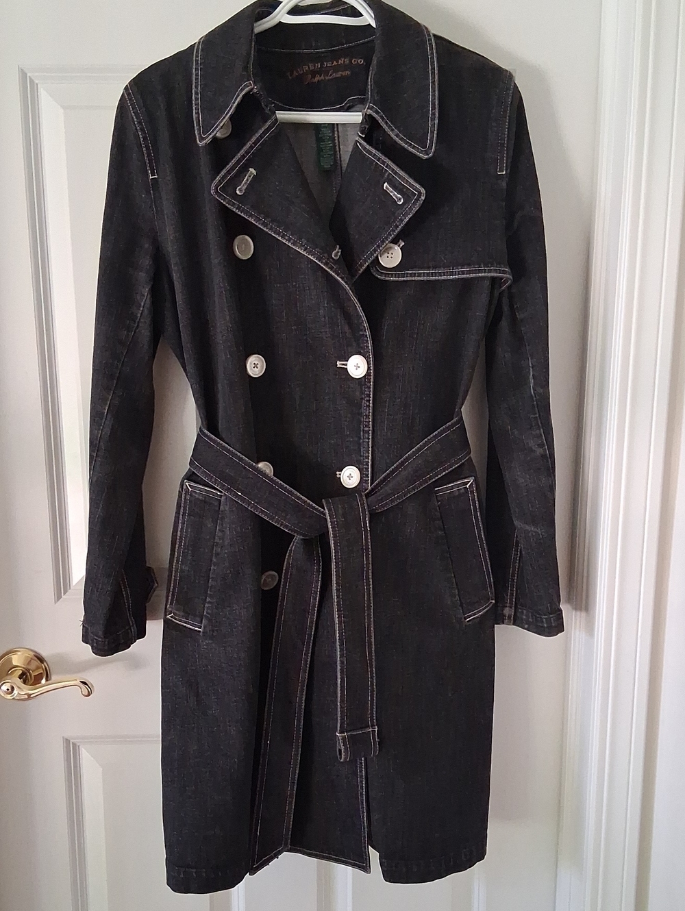 Lauren Jeans Co Ralph Lauren Black Dark Wash Double-Breasted Denim Trench Coat L